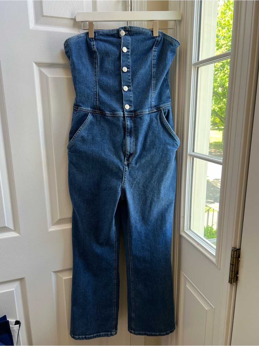 Bershka Denim Strapless Button-Front Women’s Jumpsuit - Dark Blue